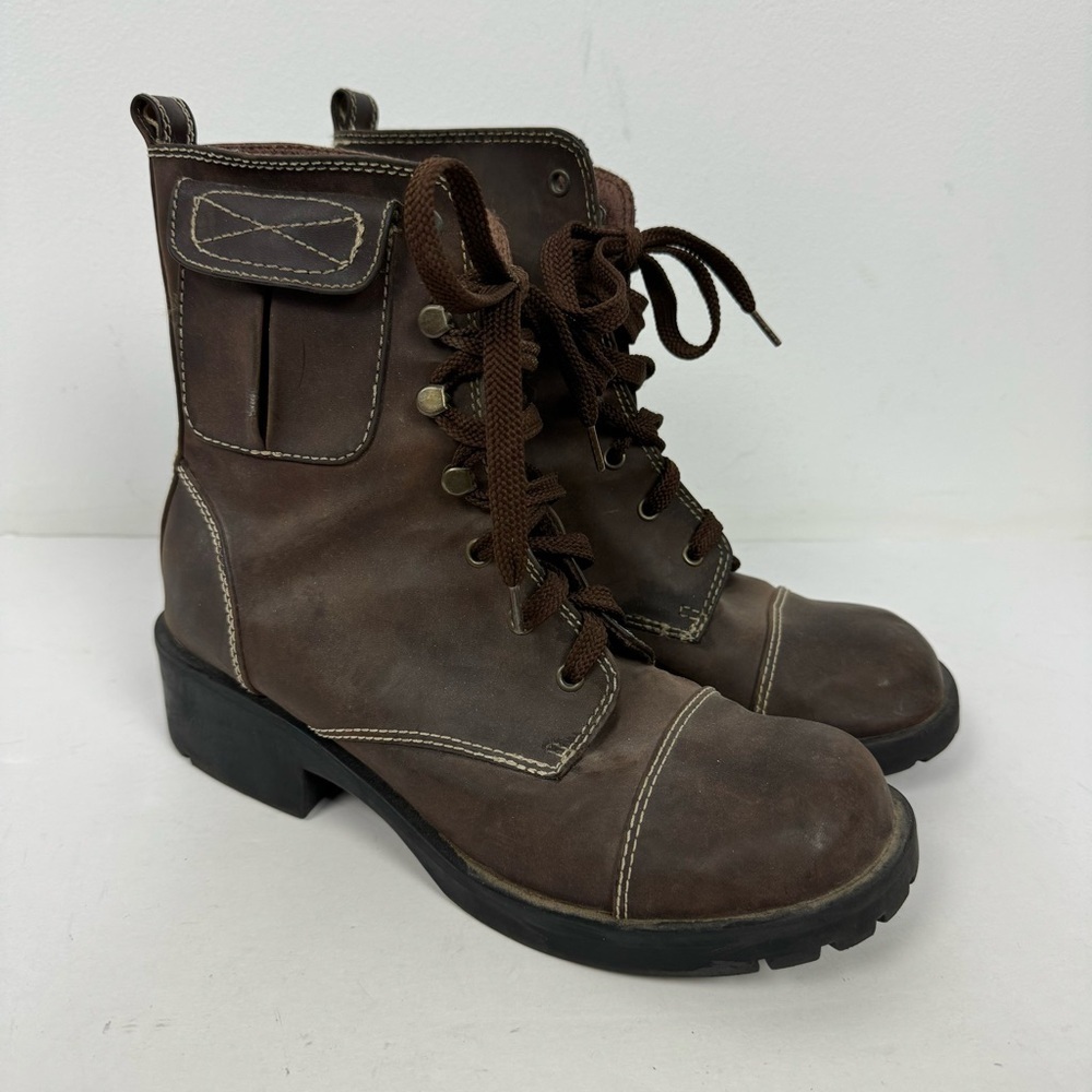 Vintage No Boundaries Brown Faux Leather Lace Up Moto Combat Boots y2k retro